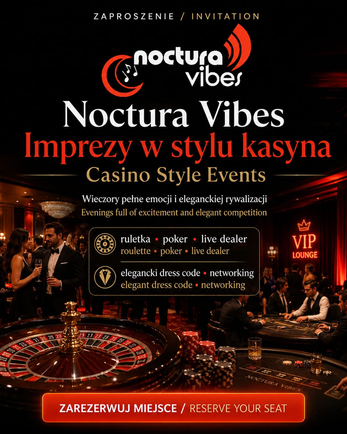Zaproszenie na elegancką imprezę w stylu kasyna